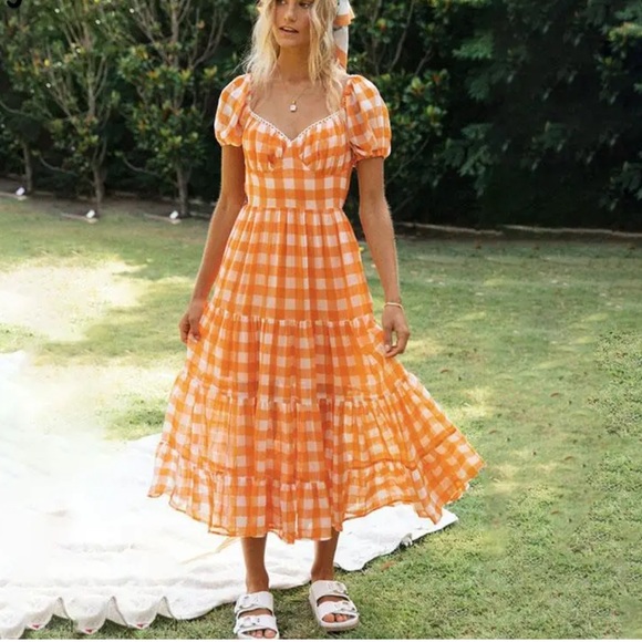 Vici Dresses & Skirts - Vici 🧡🤍🧡 orange Gingham midi cottagecore dress